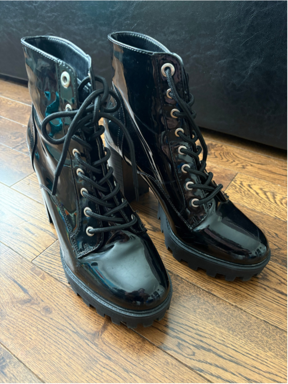 Bamboo Black Patent Lace-Up Heeled Boots Size 10 - Picture 3 of 7